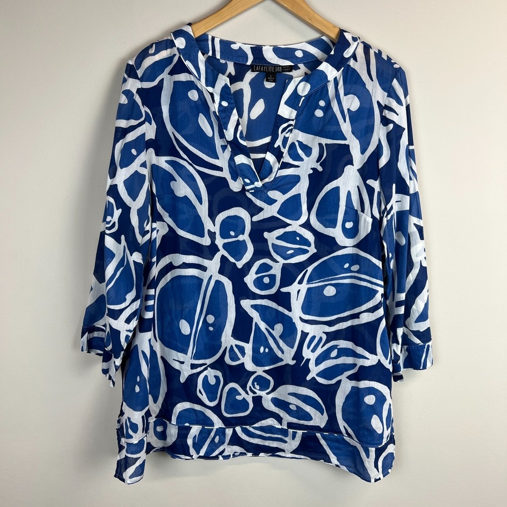 Lafayette 148 Tunic Top Womens Large Blue‎ Printed 3/4 Sleeve V-Neck Art To Wear
